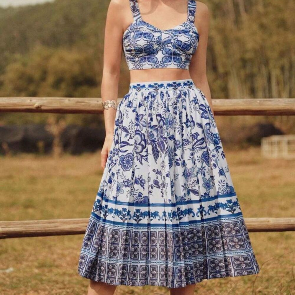 Anewsta Blue & White Floral Two Piece Crop Top Maxi Skirt Set Women’s NWOT